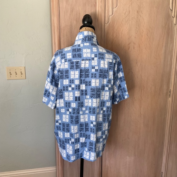 Nat Nast Button Blue 70%  Silk‎ 30% Cotton Camp Shirt Sz L Hawaiian geometric - Picture 9 of 16